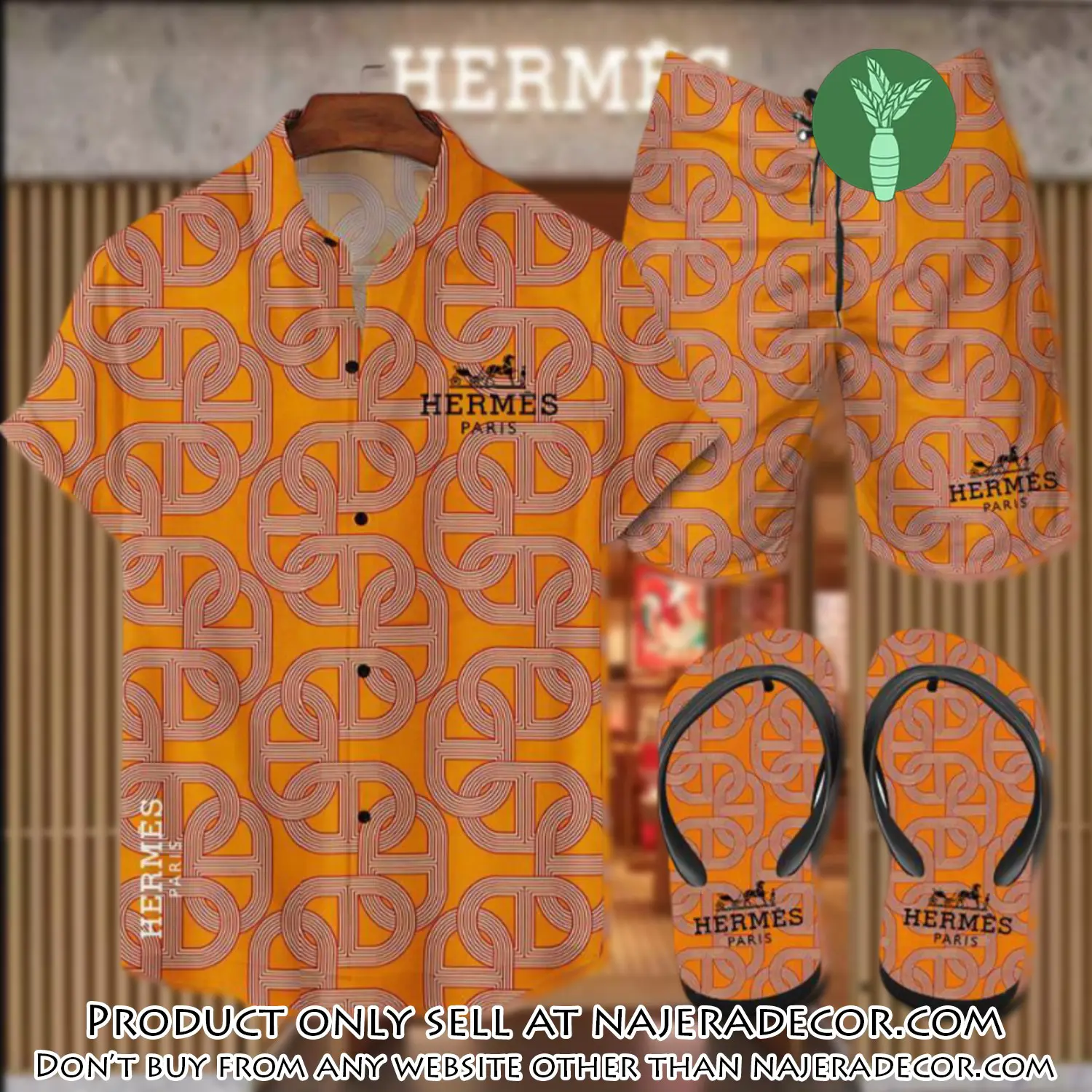 Hermes flip flops and combo hawaii shirt shorts luxury brand summer outfit hsf082 njr3119263